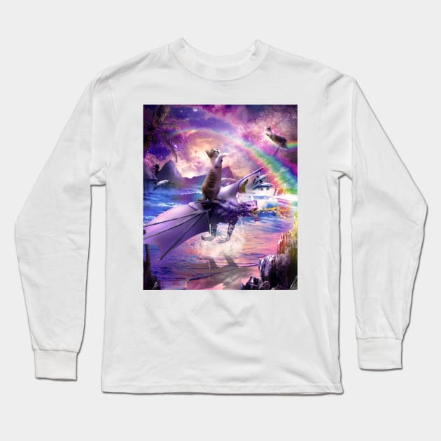 Rainbow Space Cat On Dragon Long Sleeve T-Shirt by Random Galaxy